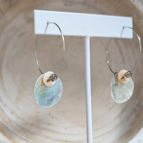 Handmade Iridescent Shell Disc Coins and Smoky Quartz Steel Hoop Earrings - Picture 6 of 13